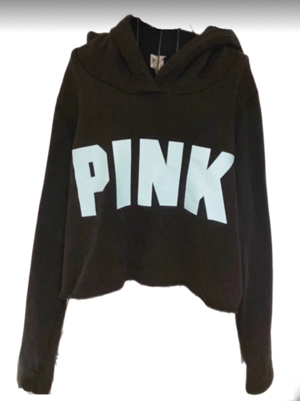 PINK Victoria’s Secret Black Cropped Hoodie Blue Logo Size Large